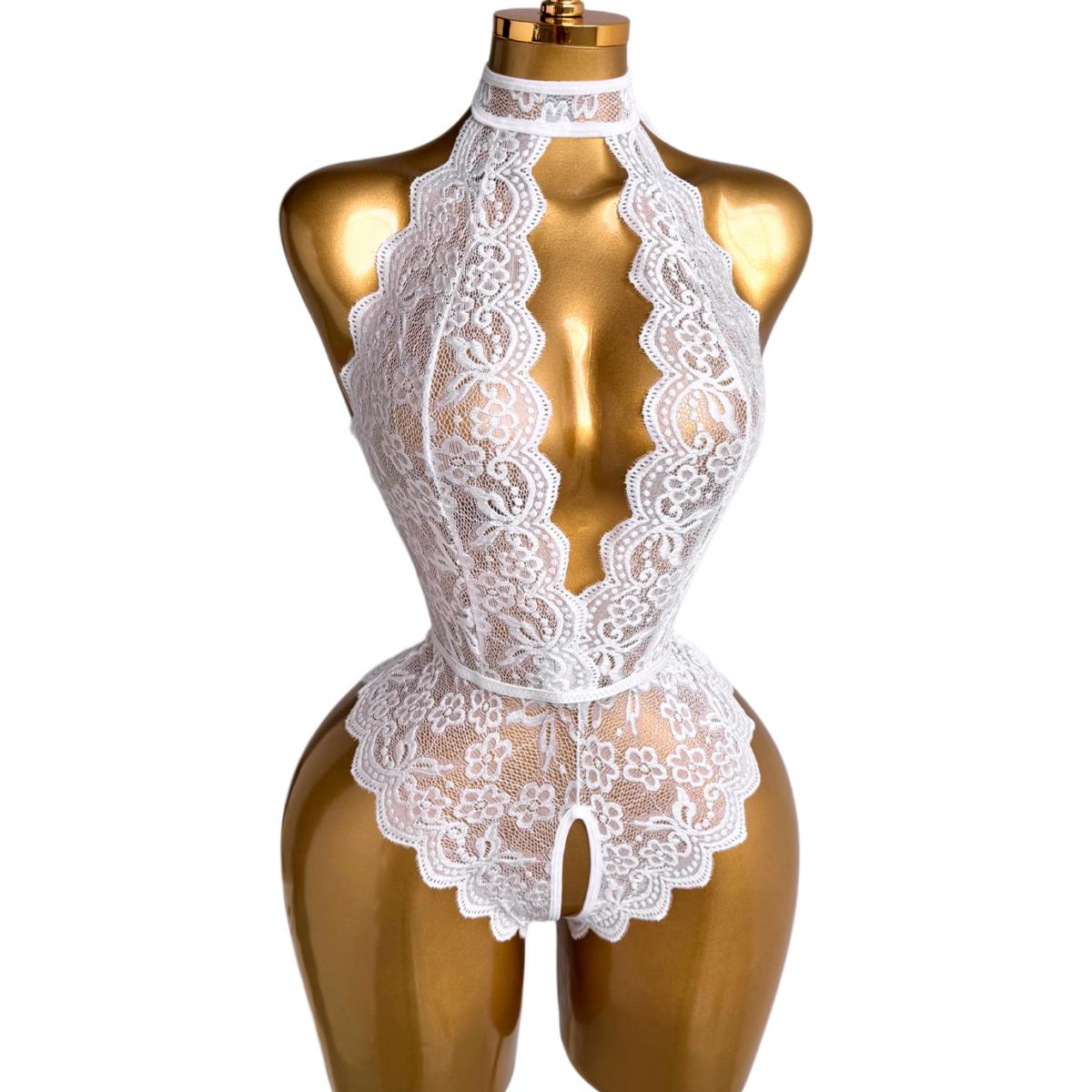White Halter Neck Floral Lace  - đánh giá và giá Bodystocking Fishnet